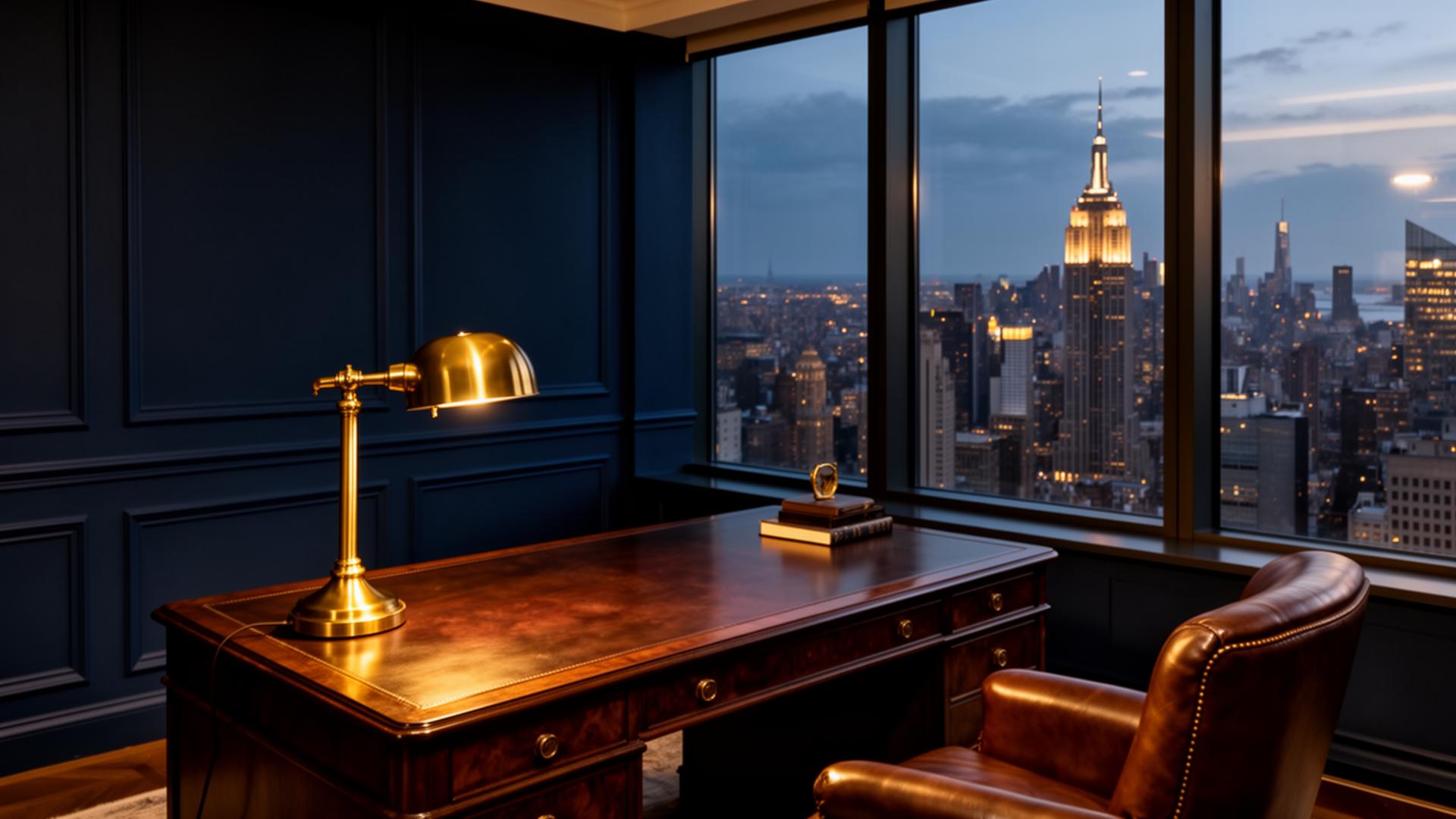 Private office at dusk overlooking the city skyline